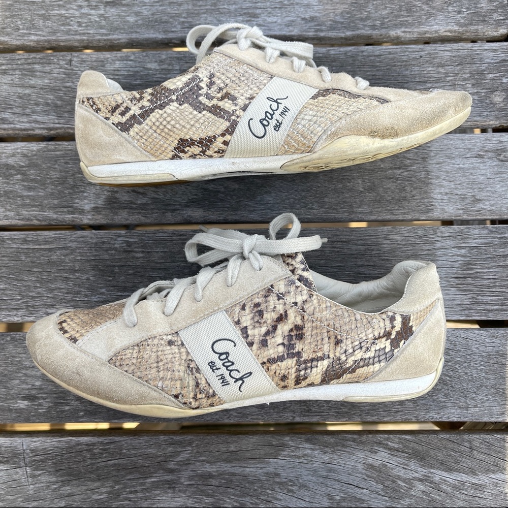 Coach Reina Snakeskin Sneakers Leather And Suede Lace Up Tan Brown Size 8 - Picture 2 of 11